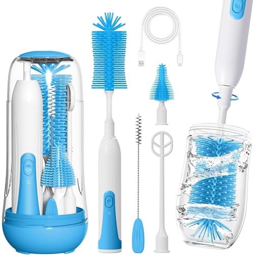 Electric Bottle Brush Cleaner, Portable Baby Bottle Washer, Travel Bottle Cleaner Brush Set with Silicone Bottle & Nipple & Straw Brush(Blue)