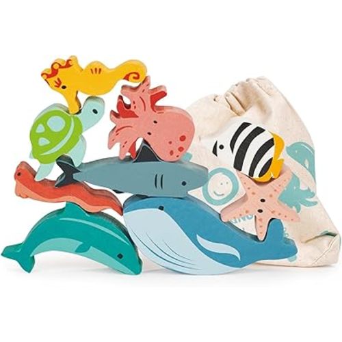 Mentari Toys - Happy Stacking Ocean - 9pc Wooden Stacking Toy for Toddlers - Colorful Sea Themed Balancing Activity Toy with Bag - Boost Fine Motor Skills and Dexterity - Educational Toy - Age 18m+