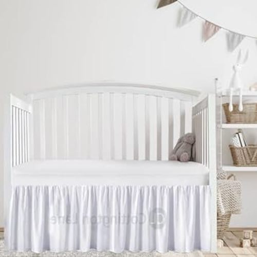 White Crib Bed Skirt Dust Ruffle, Split Corner 100% Natural Cotton Nursery Crib Toddler Bedding Skirt for Baby Girls or Boys, Infant Crib Bed Skirt Ruffled with Split Corners, 14" Drop