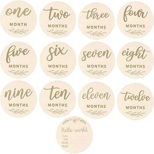 12pcs Wooden Baby Monthly Milestone Cards,Pregnancy and Baby Growth Monthly Milestone Wood Discs,Milestone for Baby Boy,Months Signs Milestone for Baby Girl,Fathers Day Gift,Plant Pattern Double Sides