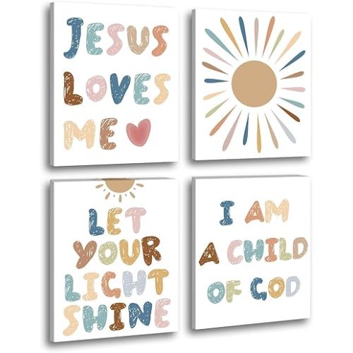 Kids Bible Verses Wall Decor,Scripture Wall Art,Bible Verses Boho Sun Decor,Inspirational Christian Wall Art,For Nursery Bedroom Classroom Sunday School Decor Set of 4(8"x10"Framed)