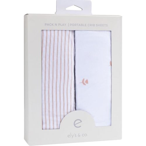 Ely’s & Co. Pack and Play Sheets, for Mini/Portable Crib, 2 Pack Fitted Playpen Play Yard Sheet Set Compatible with Graco Pack n Play, for Baby Girls, 100% Cotton, Pink Tulips and Stripes, 38”x24”x5”