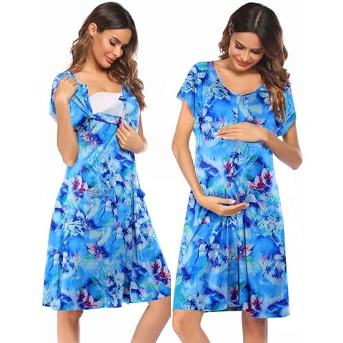 Ekouaer 3 in 1 Labor/Delivery/Hospital Gown Nursing Dress Maternity Nightgown Sleepwear for Breastfeeding with Button S-XXL
