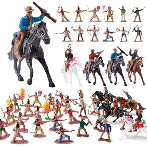 Cowboys and Indians Figure Playset Toy Native American Figures with Horses and Trees for School Projects Wild West Figurines 48 Pcs