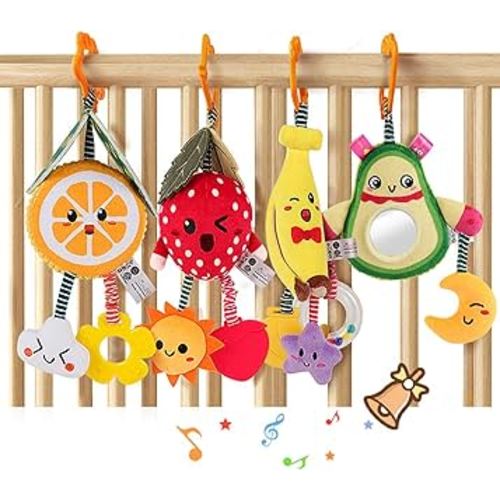 TUMAMA Baby Toys for 3 6 9 12 Months,Hanging Fruit Rattles Avocado,Banana,Orange and Strawberry,Stroller Mobile Toys,Plush Soft Rattles for Boys,Girls Christmas Gifts,4 Pack