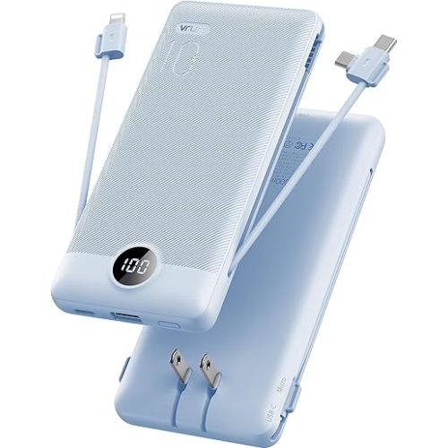 VRURC Portable Charger Built-in Cables and AC Wall Plug, USB C Power Bank 10000mAh, Travel Essentials Phone Charger Compact Lightweight External Battery Pack for Smart Phones, Tablets etc-Blue