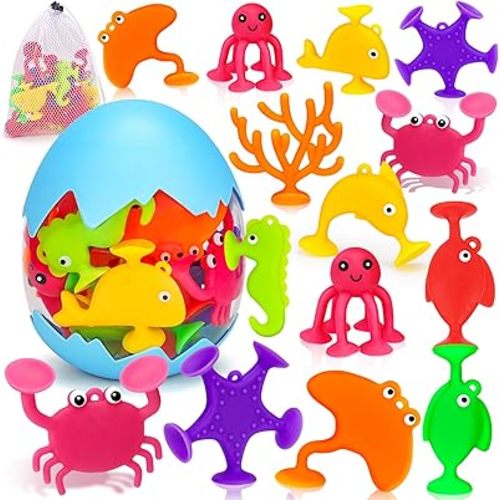 Toddler Suction Bath Toys, Ocean Animal Suction Cup Toys with Eggshell & Bag No Hole Mold Free Bathtub Shower Sensory Toy Easter Egg Filler Stuffer Party Favors Gifts for 2 3 4 5 Year Old Boys Girls