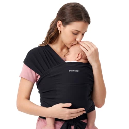 Momcozy Baby Wrap Carrier, Easy-On 2-Piece Design, Newborn to 33 lb | Easy On Like a T-Shirt, XXS-XXL Adjustable Fit, IHDI Hip-Healthy, Lightweight Hands-Free Comfort Baby Sling Carrier, Black