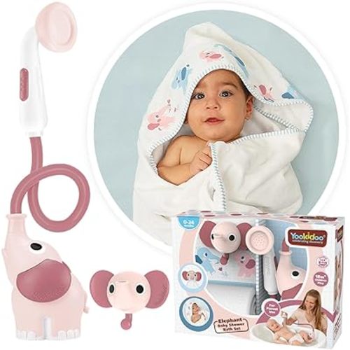 Yookidoo Baby Bath Elephant Shower Head Gift Set - Includes Hooded Towel & Hanger - Control Water from 2 Elephant Trunk Knobs for Max Fun in Tub or Sink Newborns, Toddlers, Boys, Girls (Blush Pink)