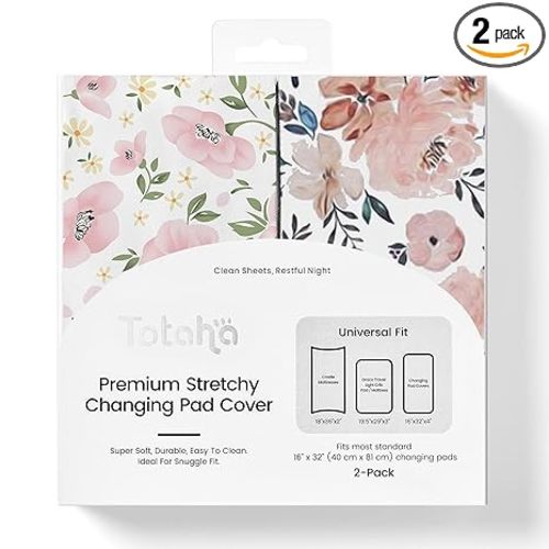 TotAha Premium Stretchy Changing Pad Covers (2-Pack) Hypoallergenic, Silky Comfort, Buttery Soft, Calming Effect, All-Season Jersey-Knit 5'' Deep Pocket(Meredith Allover Floral & Pale Pink Flowers)