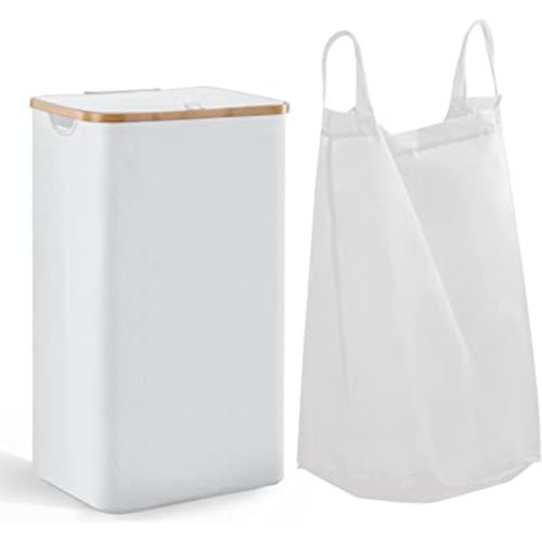 100L Large Laundry Hamper with Lid and Liner Bag, 27.6" Tall Laundry Basket with Handle, Waterproof and Collapsible Cloth Hamper for Bedroom and Bathroom, White