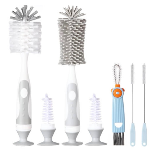 5-in-1 Baby Bottle Cleaner Set, Including Nylon & Silicone Bottle Brush, Cap, Straw & Nipple Brushes, BPA-Free (Grey)