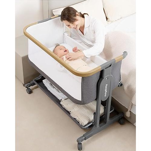 Maydolly Baby Bassinet Bedside Crib, 3-in-1 Rocking Bassinet Bedside Sleeper with Wheels & Mattress, 7-Height Adjustable & Infant Access Opening (Grey)