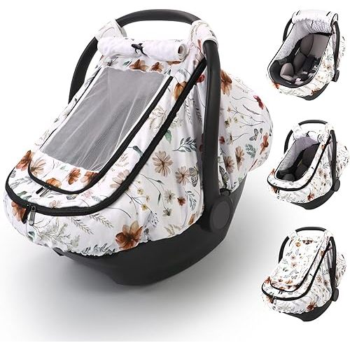 Car Seat Cover Baby Girls, Infant Car Seat Canopy Outdoor, 2 Layers with Mesh and Sun Shade Window for Summer Winter, Easy Access Carseat Covers Snug Fit Baby Stroller - Brown Wildflower