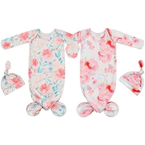 Newborn Baby Sleeper Gown Knotted Gown Nightgown Coming Home Outfits for Baby Girl 2-Piece Gown and Hat Set