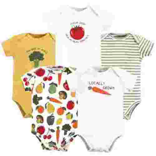 Touched by Nature Unisex Baby Organic Cotton Bodysuits, Happy Veggies, Newborn