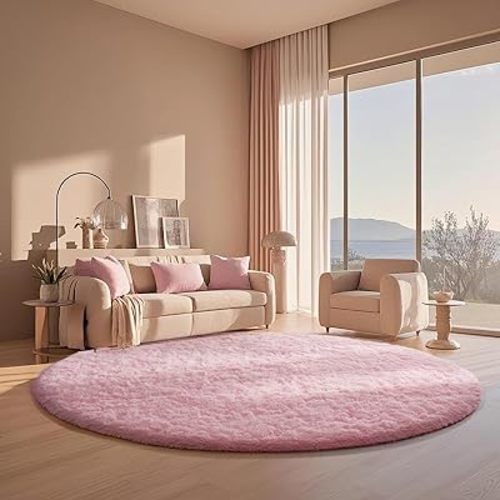 Ophanie Round Rugs 6Ft Pink Circle Area Rug, Fuzzy Bedroom Carpet, Large Shag Plush Floor Kawaii Christmas Living Room Rugs 6 foot,Cute Room Decor for Kids Teen Girls Baby Home Decor Aesthetic,Nursery