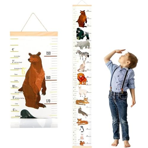 Baby Height Growth Chart, Canvas Height Measuring Chart for Kids Child Toddler Boys Girls, 79" x 7.9" Hangable and Removable Waterproof Wood Ruler for Wall Room Nursery Décor(Zoo)