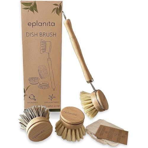 eplanita Natural Dish Brush, 3 Replacement Heads, Kitchen Eco Bamboo Scrubber Brushes, Extra Plant Sponge, Plastic Free Washing Up, Zero Waste Cleaning