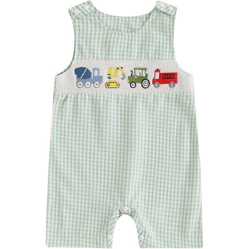 Baby Boy Summer Clothes Sleeveless Embroidery Dinosaur Gingham Retro Romper Jumpsuit Smocked Shortall