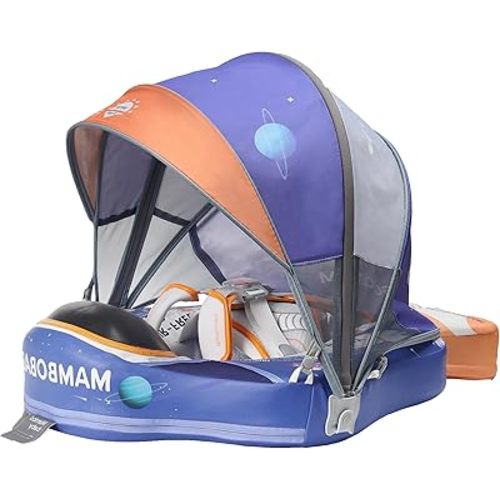 Mambobaby Float with Canopy Baby Float Non Inflatable Baby Pool Float with Sunshade UPF50+ Canopy Safety Swim Float Smart Trainer for Infant Toddler 3-24 Months, Astronauts Blue