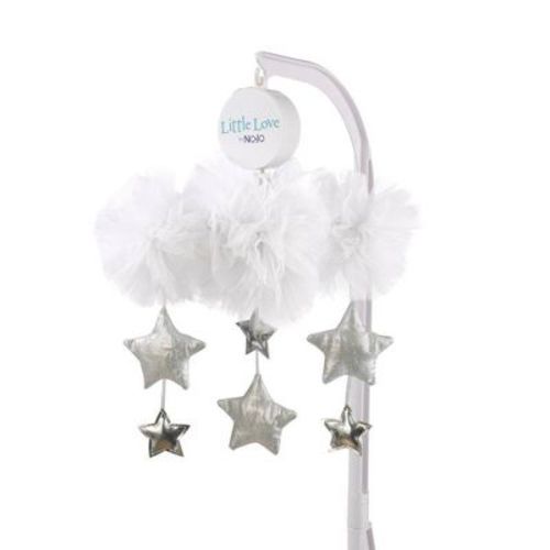 Little Love By Nojo Tulle Cloud With Silver Metallic Stars Nursery Crib Musical Mobile - White