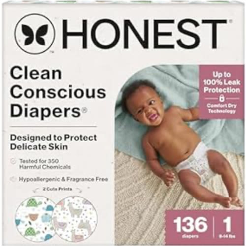 The Honest Company Clean Conscious Diapers for Sensitive Skin | Up to 100% Leakproof | Hypoallergenic, Fragrance Free | Gender Neutral | Super Club Box, Size 1 (8-14 lbs), 136 Count (Prints May Vary)