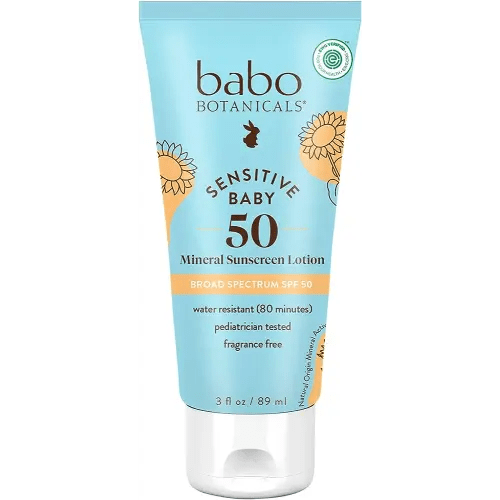 Babo Botanicals Sensitive Baby Mineral Sunscreen Lotion SPF50 - Natural Zinc Oxide - Face & Body - Fragrance-Free - Water-Resistant - EWG Verified - Vegan - Extra Sensitive Skin - For Babies & Kids