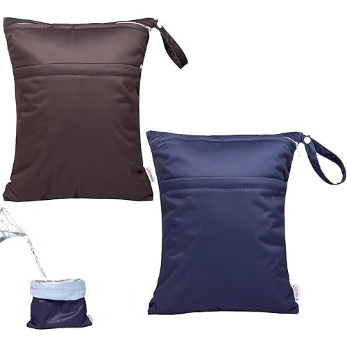 ALVABABY 2pcs Waterproof Wet Dry Bags,Reusable with Two Zippered Pockets,Baby Cloth Diaper,Travel,Beach,Pool,Daycare,Soiled Baby Items,Yoga Gym Bag,Swimsuits or Wet Clothes LW2526
