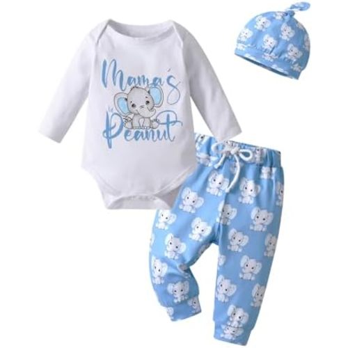 Newborn Infant Baby Boy Clothes Print Long Sleeve Bodysuit + Pants + Hat 3 PCS Outfits Set