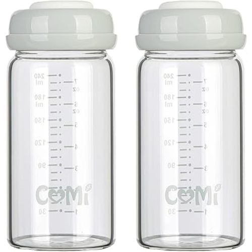 COMI Wide Neck Glass Breastmilk Collection n Storage Bottle, 8oz with Screw Ring Sealing Disk; Re-markable Sealing Disc. BPA Free, Fits Breast Pumps & Nipples (2 Gray Lids)