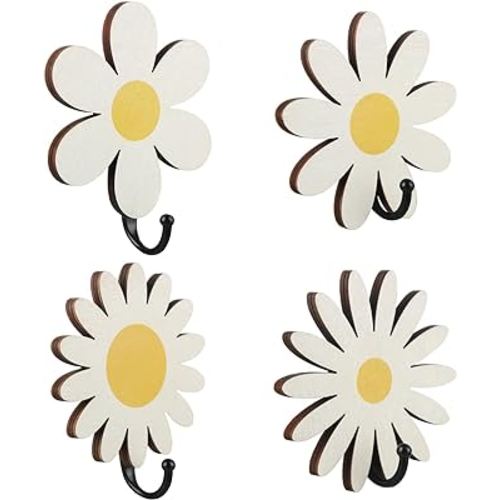 4 Pcs Daisy Wall Hooks Kids Wooden Wall Adhesive Hooks Cute Baby Nursery Wall Hangers for Boys Girls Bathroom Bedroom Home Decor Robe Towel Clothes Hats