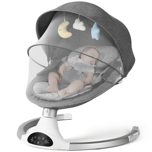 KIDINIX Infant Swing with Bluetooth, 10 Lullabies, 3 Speeds, Harness and Remote Control - Natural Rocking Motion, Hanging Toys Included, Grey - Gray