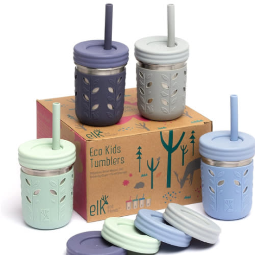 Elk and Friends 10oz Stainless Steel Kids + Toddler Drinking Cups | The Original Mason Jar with Sleeves + Lids | Silicone Straws | Smoothies | Storage Jar | Spill Resistant | Dishwasher Safe | 4 Pack