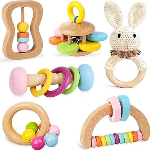6 PCS Wooden Baby Rattle, Organic Colorful Baby Hand Rattles Set, Wood Rattles for Babies 0-6-12 Months, Wooden Teether Crochet Rattle Toy for Newborn Infant, Montessori Toys for Babies 0-6 Months