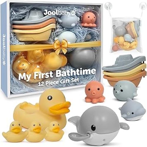 Jool Baby 12-Piece Bath Toy Gift Set – Bath Squirts, Rubber Ducks, Wind-up Swimming Whale – Bath Toy Storage Organizer Included