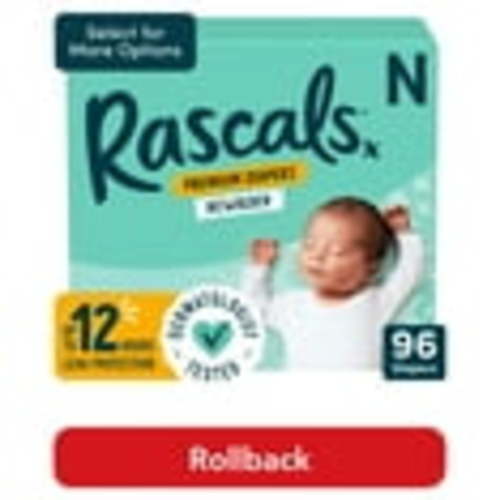 Rascals Premium Newborn Absorbent Baby Diapers Newborn, 96 Count (Select for More Options)