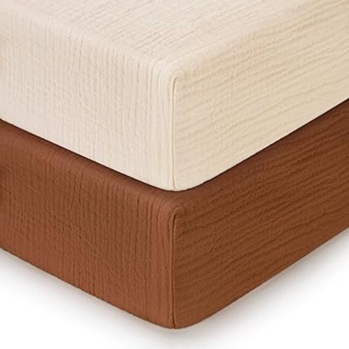 Pro Goleem 2 Pack Muslin Crib Sheets for Boys and Girls, 100% Cotton Soft Breathable Neutral Fitted Baby Bed Sheets Set for Standard Crib Mattress & Toddler Mattress 52"x28", (Brown＆Beige)