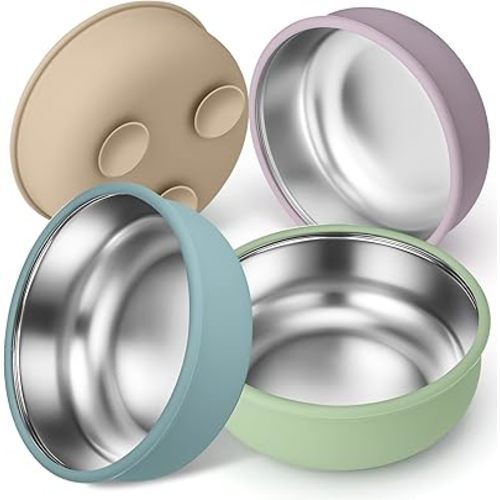 BUSOHA 4 Pack Stainless Steel Baby Bowls with Suction – 2-in-1 Toddler Feeding Plates Heat-Resistant Spill-Proof Suction Bowls for Kids Baby Toddler Food Feeding