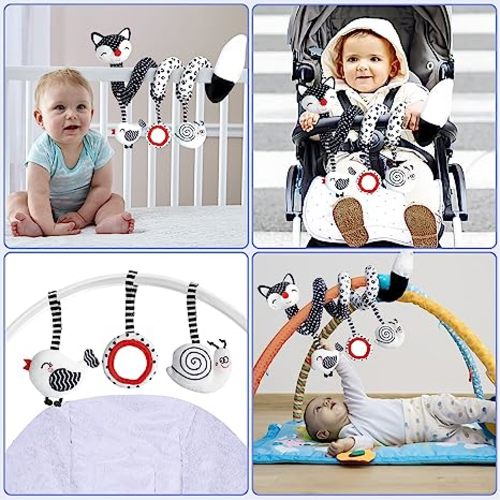 Euyecety Baby Spiral Plush Toys, Black White Stroller Toy Stretch & Spiral Activity Toy Car Seat Toys, Hanging Rattle Toys for Crib Mobile, Newborn Sensory Toy Best Gift for 0 3 6 9 12 Months Baby-Fox