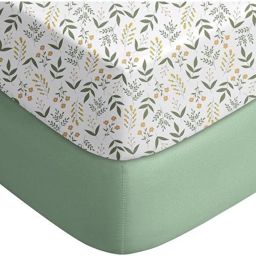 Yoofoss Baby Crib Sheets 2 Pack for Boys and Girls - 52x28 Fitted Crib Sheet Neutral Fits for Standard Crib and Toddler Mattress, Ultra Soft Breathable Microfiber Green Flower