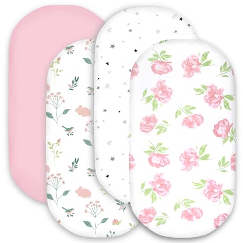 Bimocosy Bassinet Sheet, 4 Pack Bassinet Sheets for Baby Boys Girls, Soft Baby Bassinet Fitted Sheets Neutral for Bassinet Mattress, Size 32 x 16 x 4 Inches, Rose/Rabbits/Stars/Pink