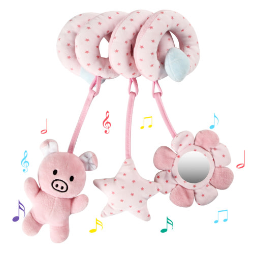 vocheer Baby Carseat Activity Spiral Toys, Plush Animal Shape Hanging Toy for Stroller Crib, Pig