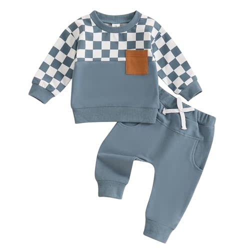 MoZiKQin Toddler Baby Boy Girl Clothes Checkered Color Block Long Sleeve Sweatshirt with Pants Set 2Pcs Fall Winter Outfits