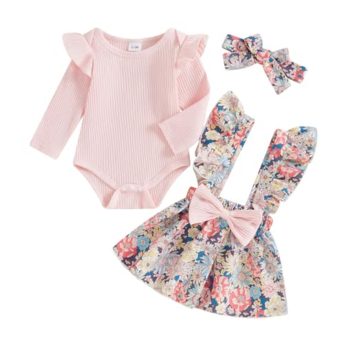 Covvoliy Newborn Baby Girl Clothes Ruffles Long Sleeve Romper Floral Suspender Skirt Set with Headband Girl Clothes 2Pcs