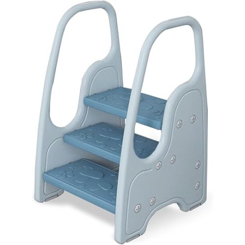 3 Step Stool for Toddler,Kids Three Step Stool for Bathroom Sink or Kitchen Counter Standing Tower, Children Step Up Learning Helper with Safety Handles and Non-Slip Pads,Blue