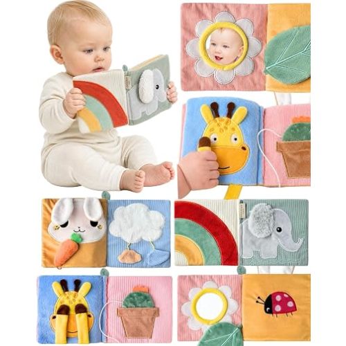 Cute Soft Baby Book with Mirror, Activities, Touch and Feel & Crinkle Pages - Interactive Sensory Cloth Toy for Babies 0-6, 6-12 & 12-18 Months - Adorable Animal Themes for Early Development
