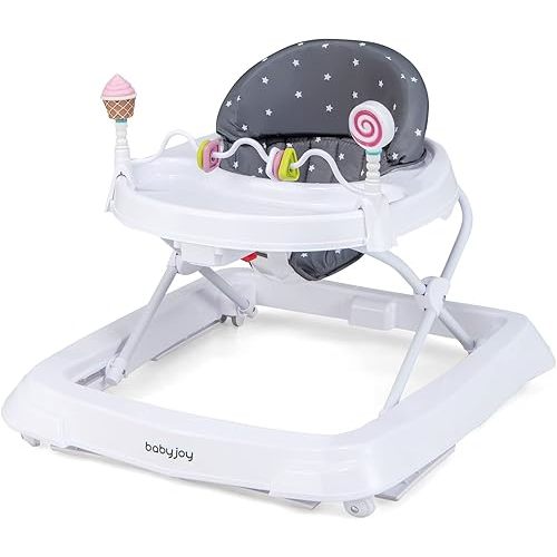 BABY JOY Baby Walker, Foldable Activity Walker Helper with Adjustable Height, Baby Activity Walker with High Back Padded Seat & Bear Toys (Gray, Star Pattern)