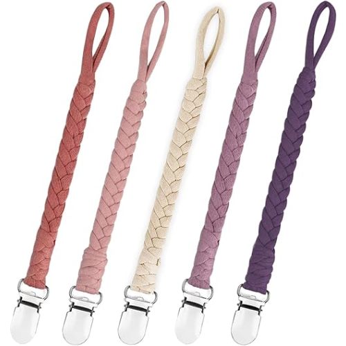 Braided Pacifier Clips Baby Girl, Binky Clips Pacifier Holder with Handmade Teething Straps Unisex Design Smoother Pacifier Clip Fits All Pacifiers for Shower Birthday Gifts