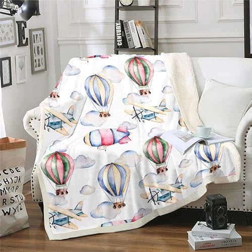 Feelyou Kids Sherpa Blanket Aircraft Hot Air Balloon Fleece Throw Blanket Cartoon Airplane Plush Fuzzy Blanket for Sofa Bed Couch 30" x 40"